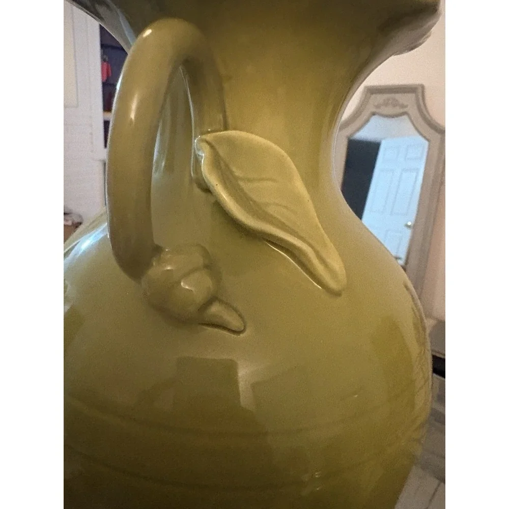 VTG Avocado Chartreuse Green Ceramic Urn Vase Double Handle Scalloped Rim 16